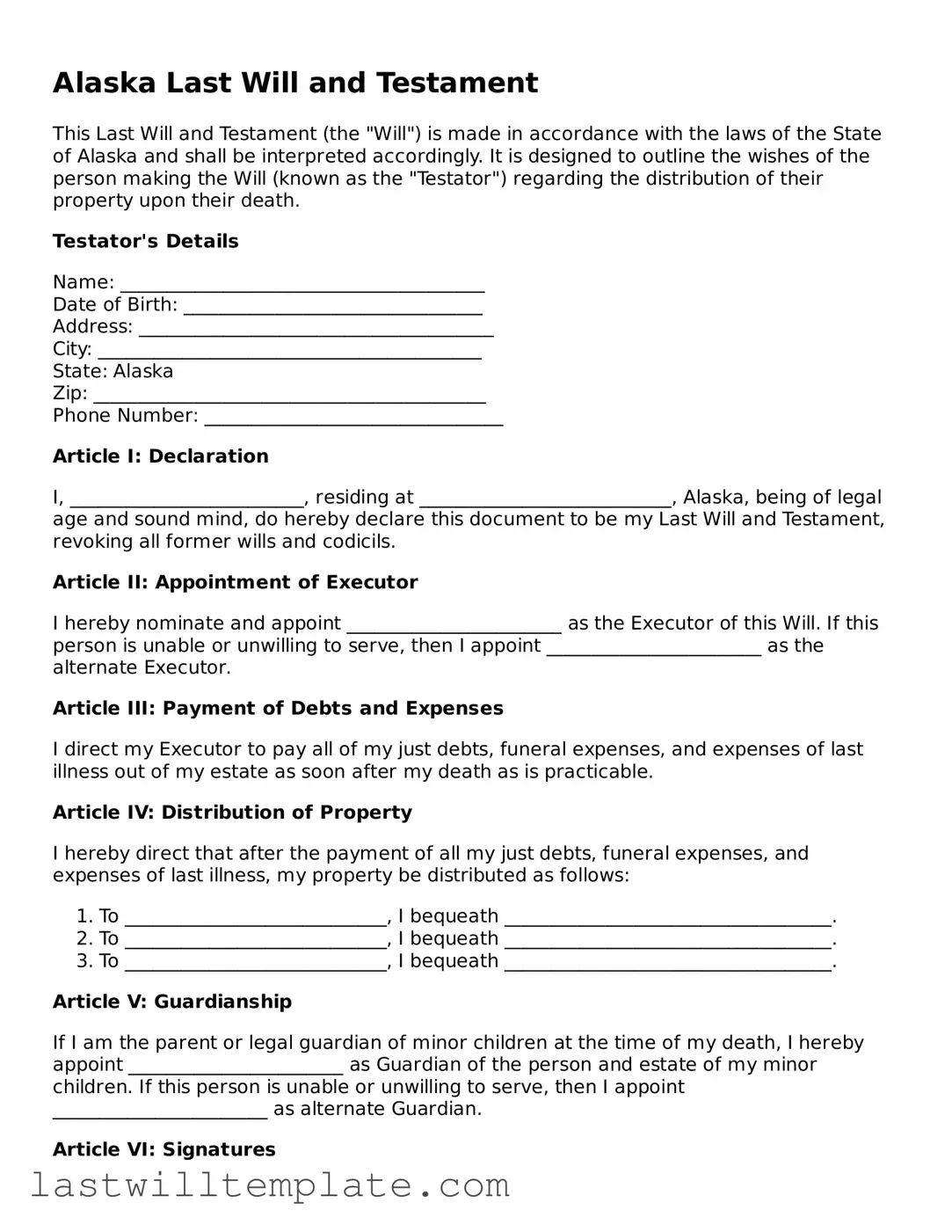 Attorney-Approved Alaska Last Will and Testament Form