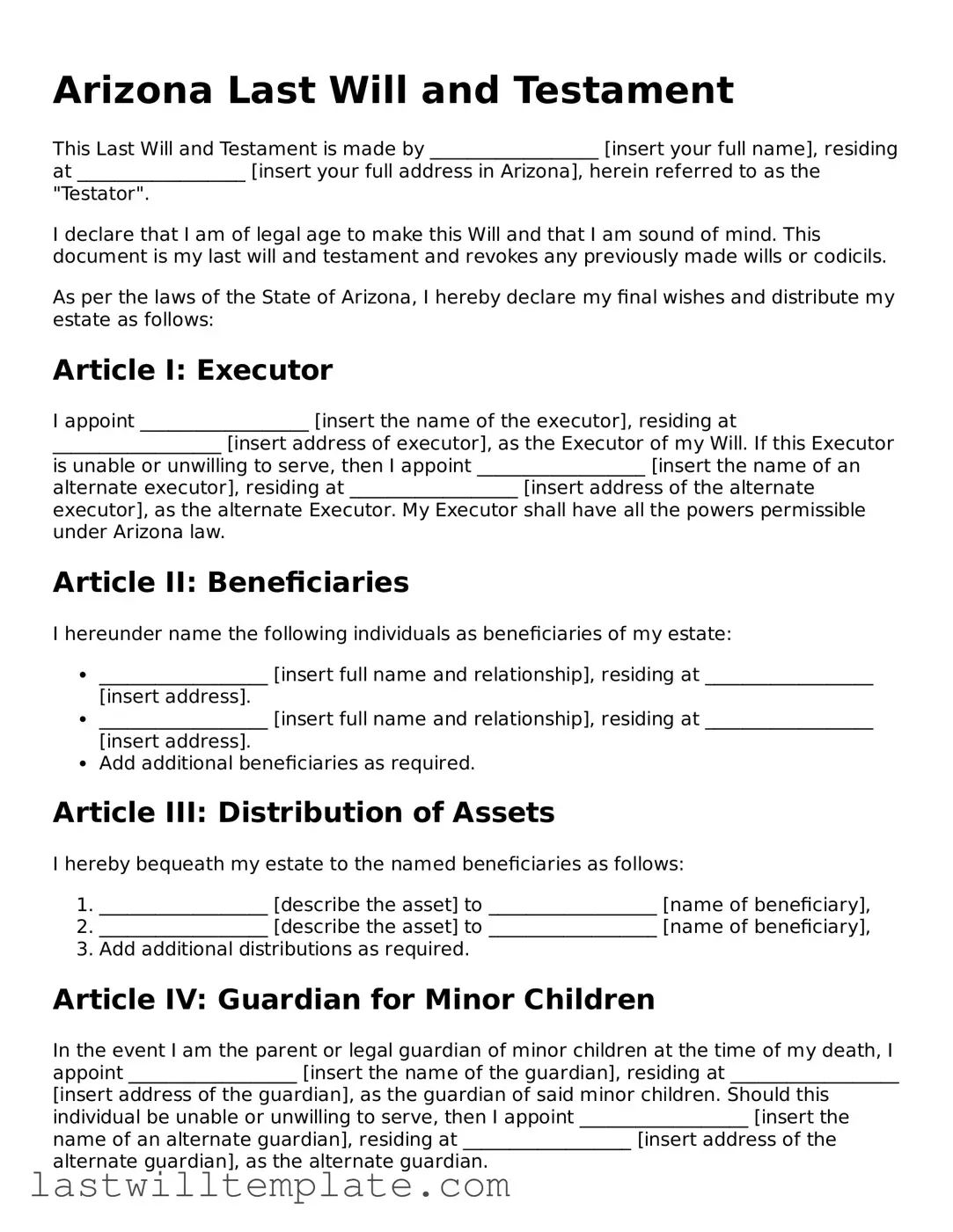 Attorney-Approved Arizona Last Will and Testament Form