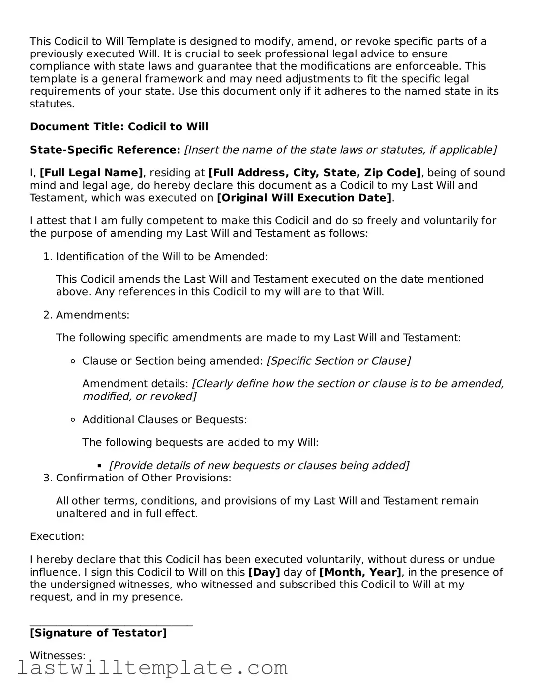 Legal Codicil to Will Document