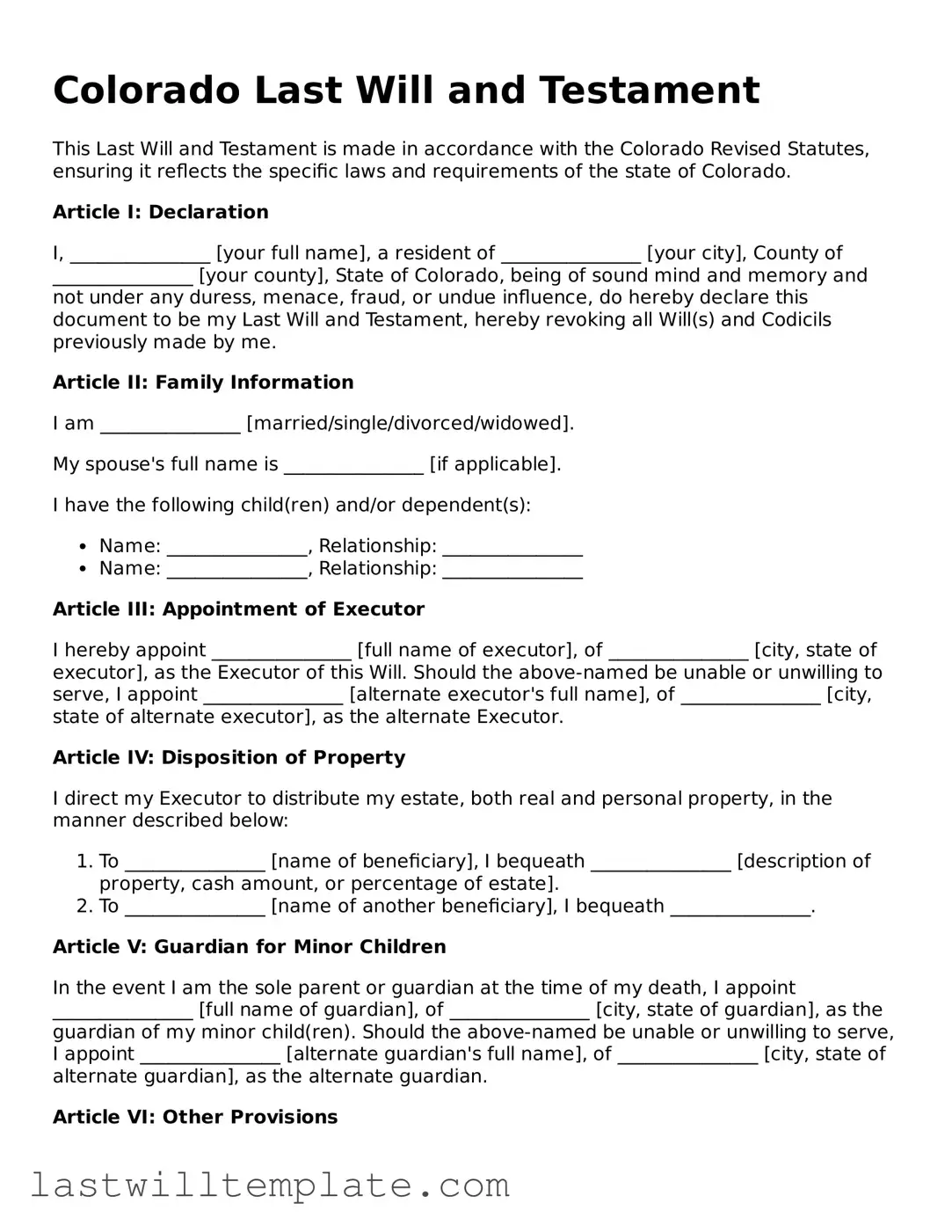 Attorney-Approved Colorado Last Will and Testament Form
