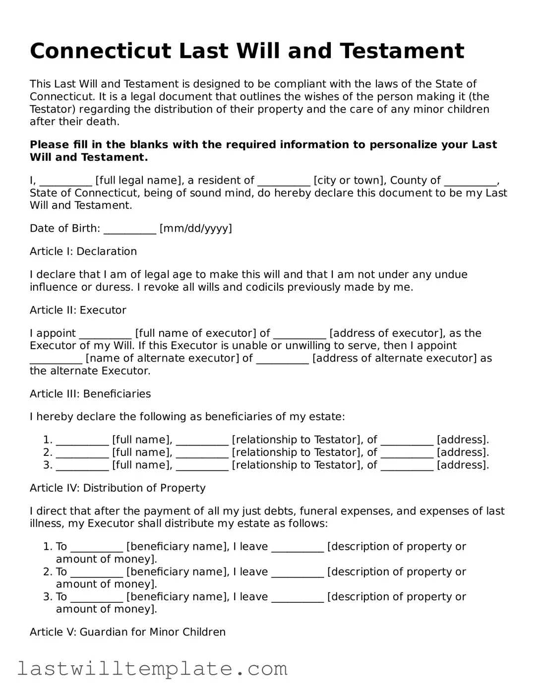 Attorney-Approved Connecticut Last Will and Testament Form