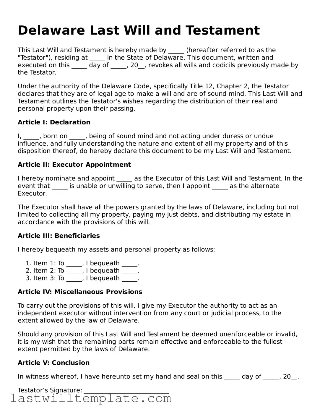 Attorney-Approved Delaware Last Will and Testament Form