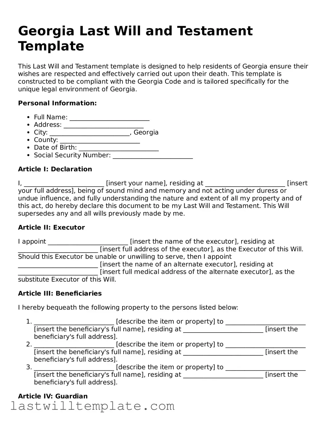Attorney-Approved Georgia Last Will and Testament Form