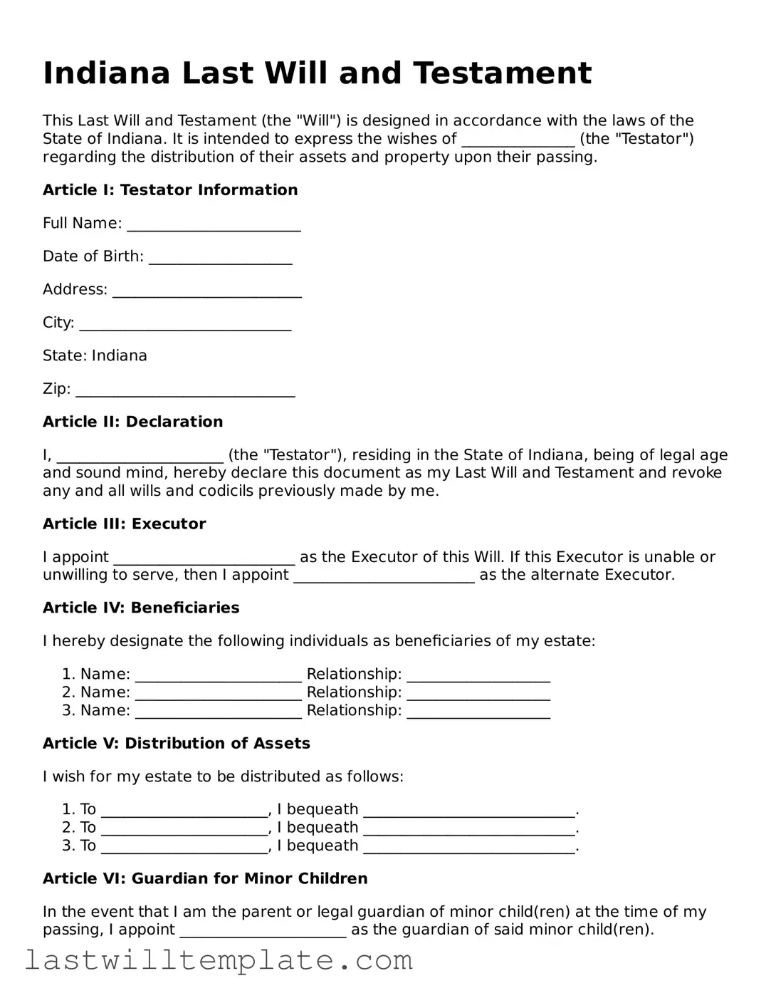 Attorney-Approved Indiana Last Will and Testament Form