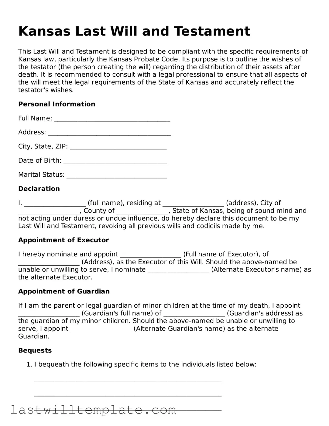 Attorney-Approved Kansas Last Will and Testament Form