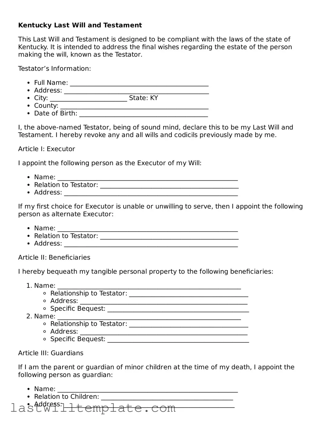 Attorney-Approved Kentucky Last Will and Testament Form