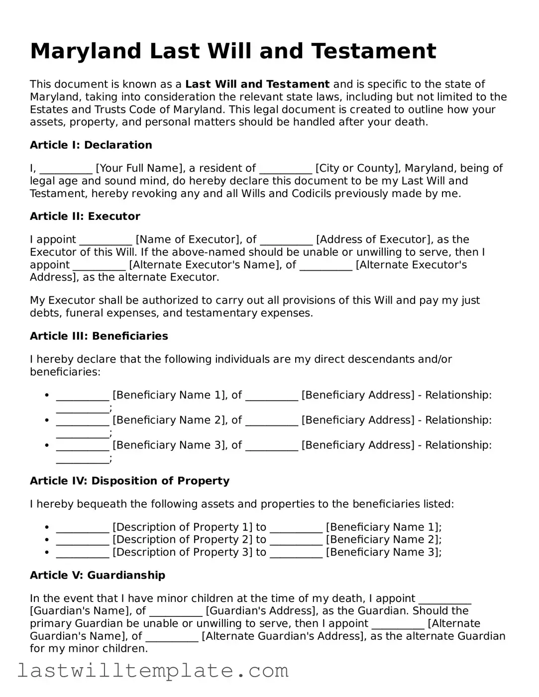 Attorney-Approved Maryland Last Will and Testament Form