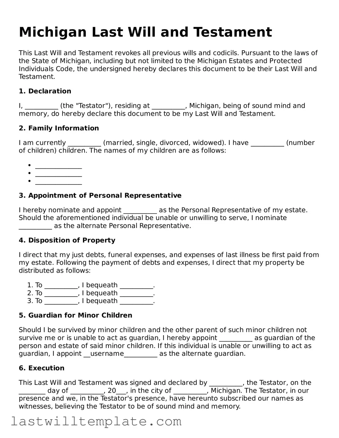 Attorney-Approved Michigan Last Will and Testament Form