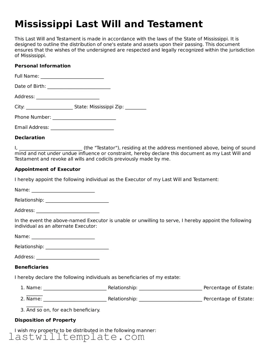 Attorney-Approved Mississippi Last Will and Testament Form
