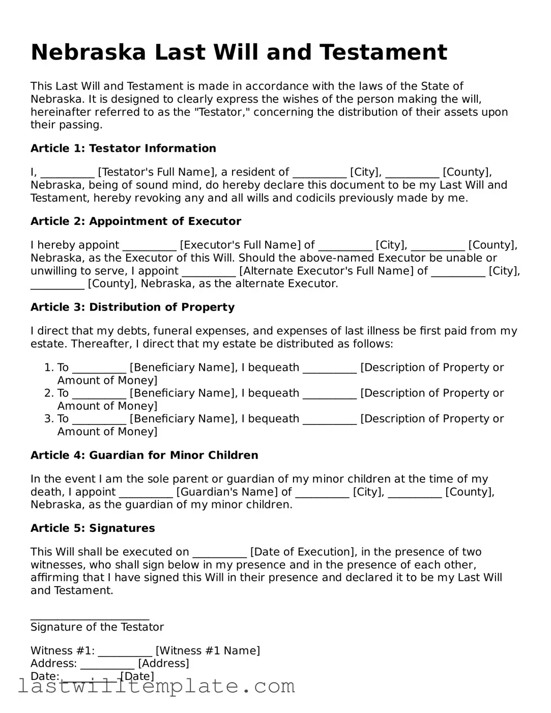 Attorney-Approved Nebraska Last Will and Testament Form
