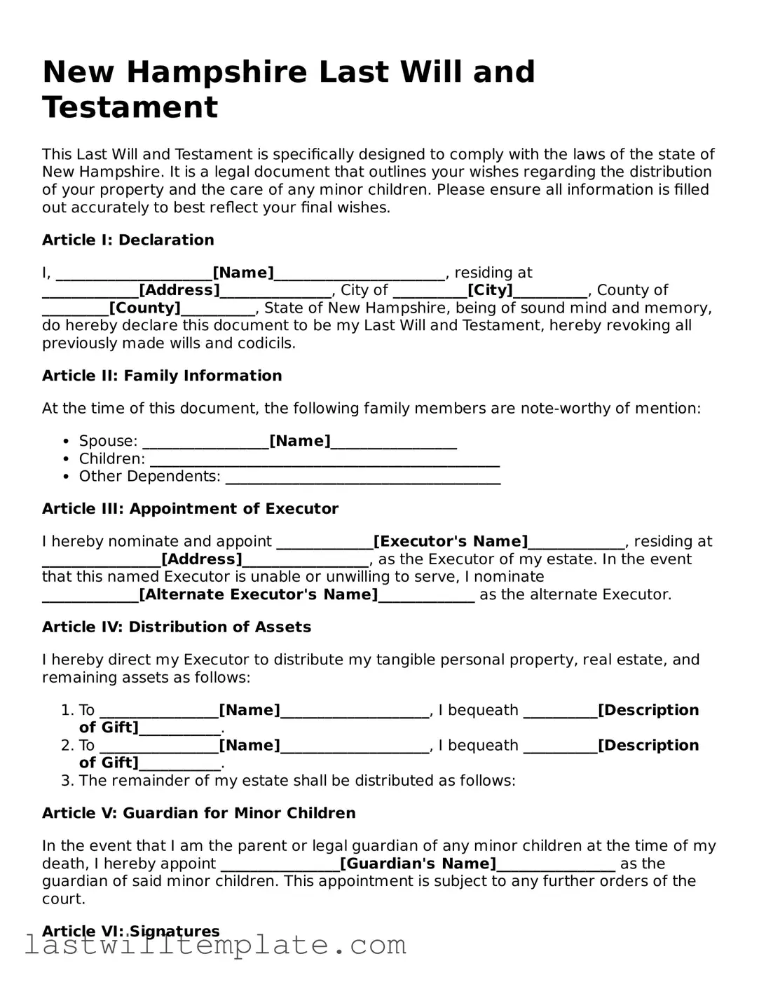 Attorney-Approved New Hampshire Last Will and Testament Form