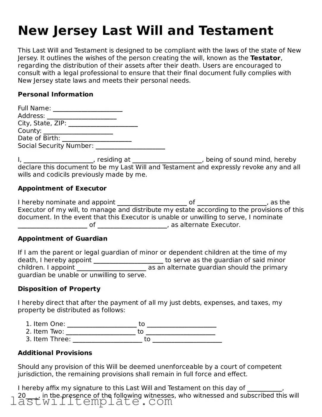 Attorney-Approved New Jersey Last Will and Testament Form
