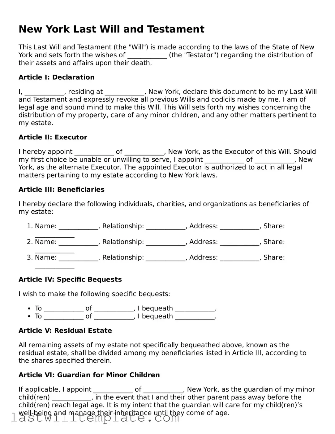 Attorney-Approved New York Last Will and Testament Form