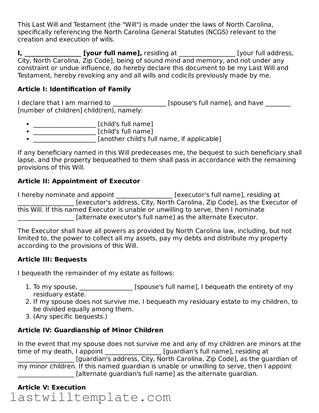 Attorney-Approved North Carolina Last Will and Testament Form