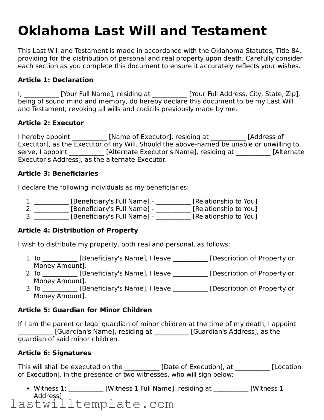 Attorney-Approved Oklahoma Last Will and Testament Form