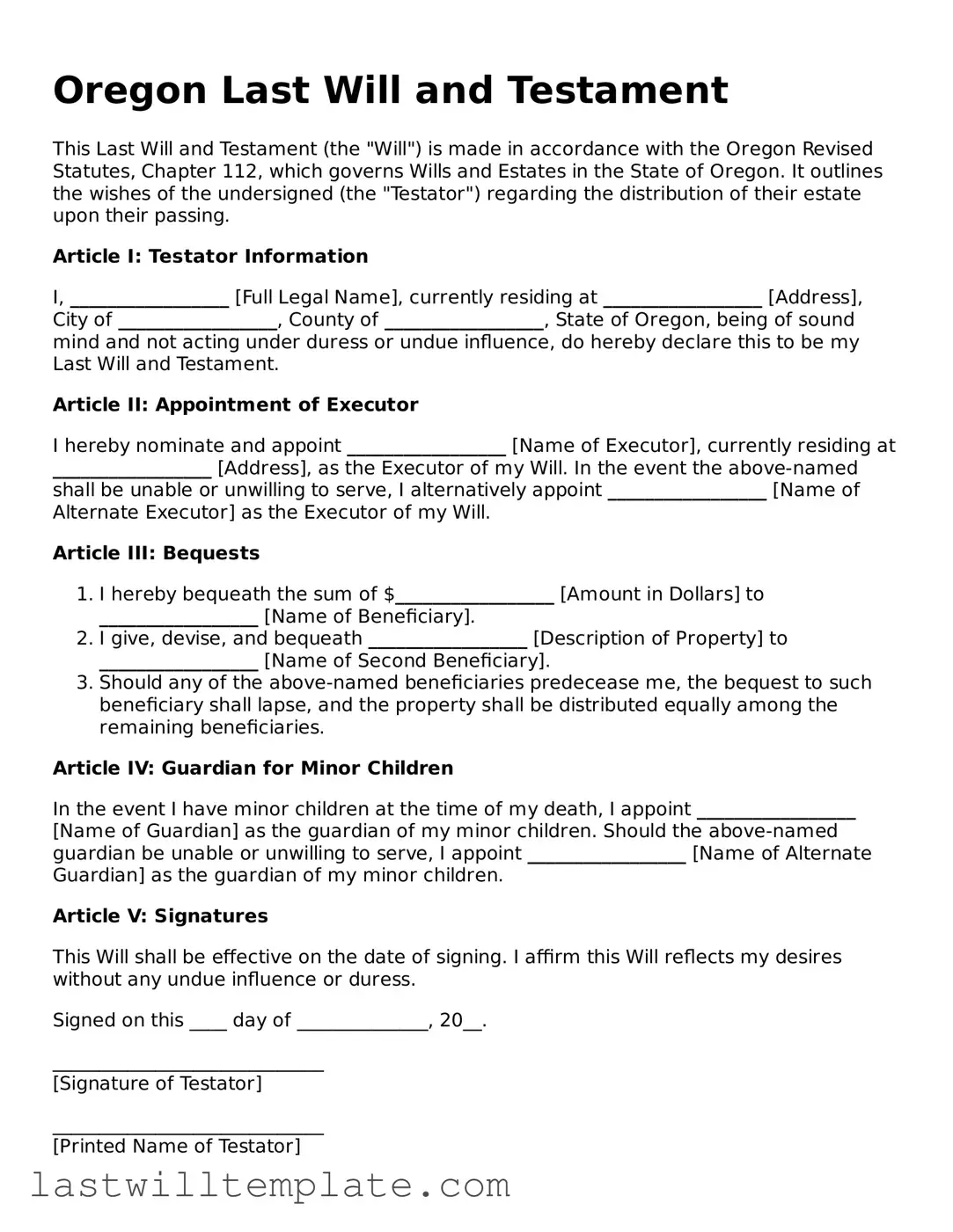 Attorney-Approved Oregon Last Will and Testament Form