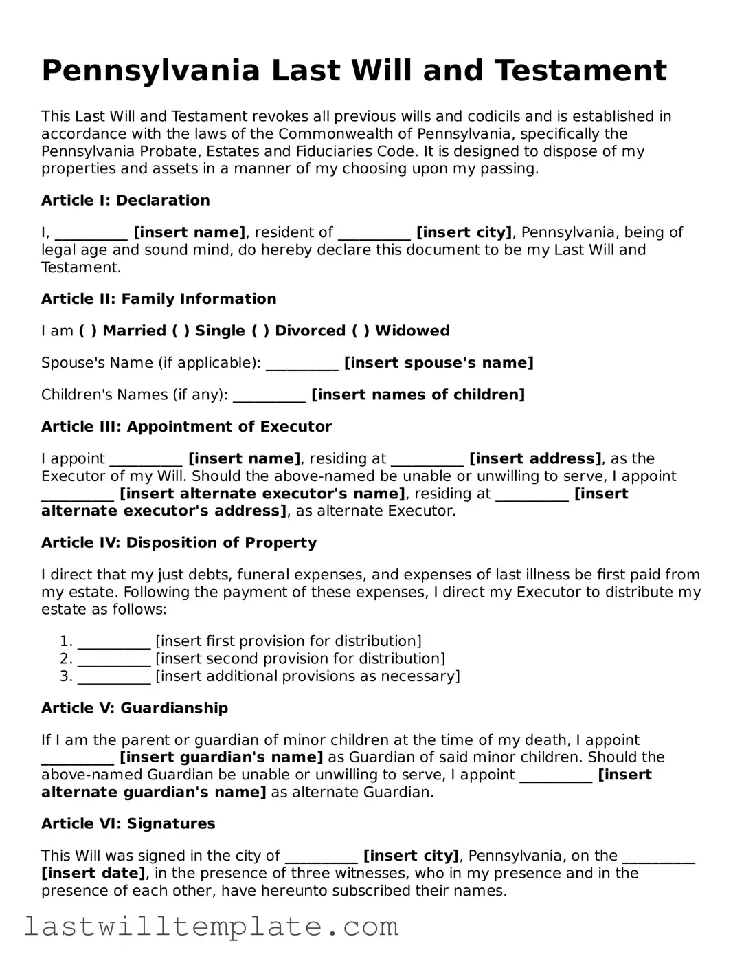 Attorney-Approved Pennsylvania Last Will and Testament Form
