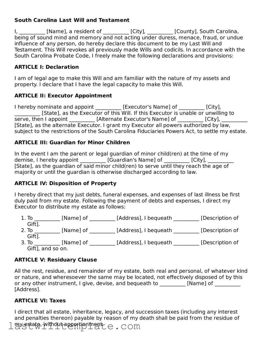 Attorney-Approved South Carolina Last Will and Testament Form