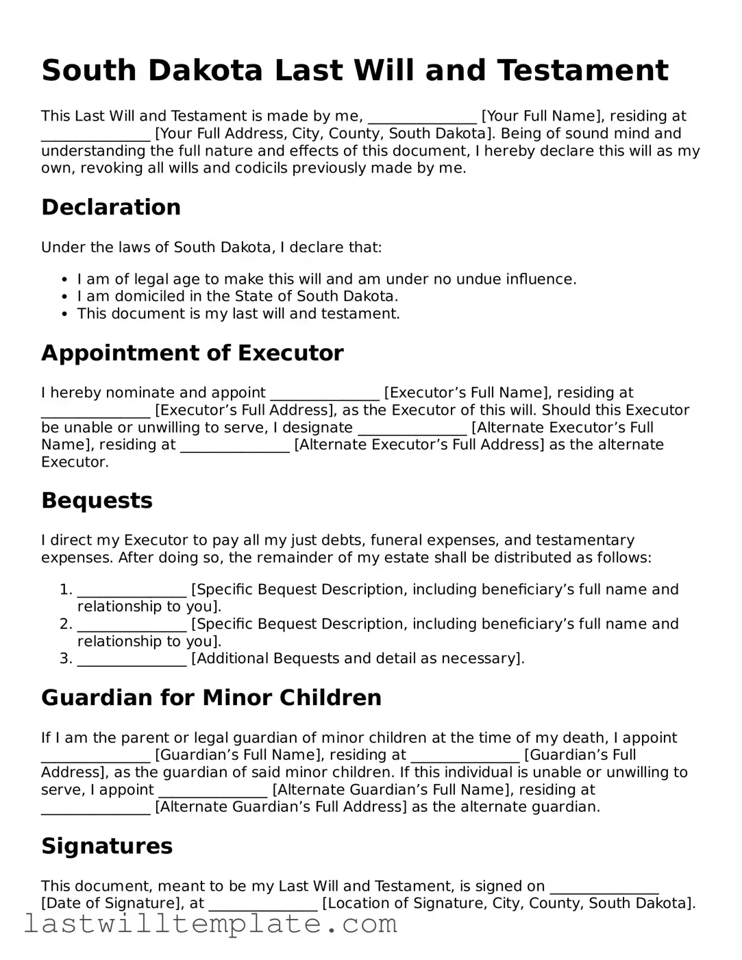 Attorney-Approved South Dakota Last Will and Testament Form