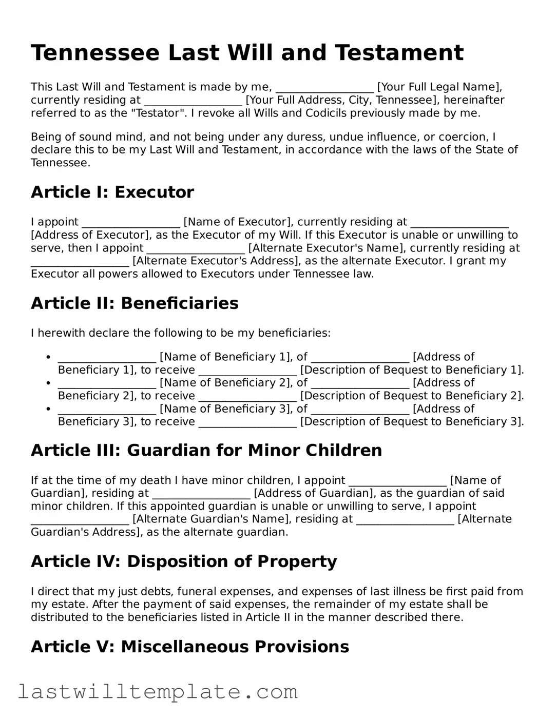 Attorney-Approved Tennessee Last Will and Testament Form