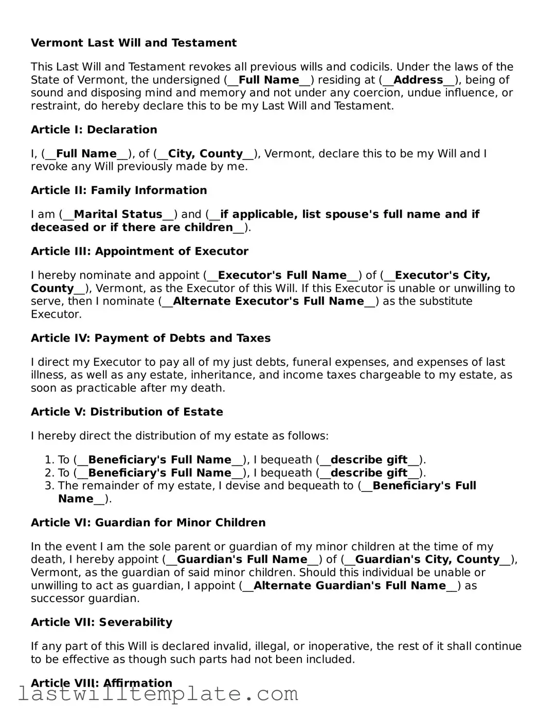 Attorney-Approved Vermont Last Will and Testament Form