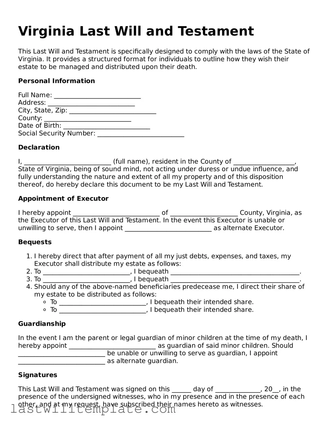 Attorney-Approved Virginia Last Will and Testament Form